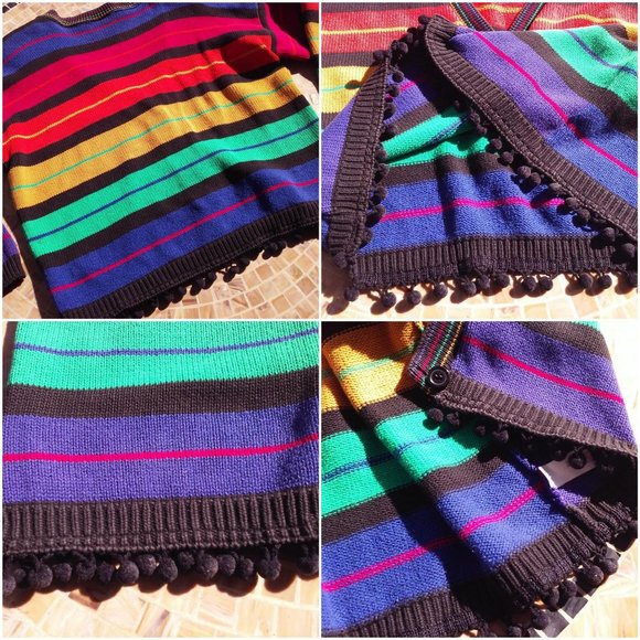 Vintage 80s V-neck Cardigan Ladies -S Pom Pom Fringe Bold Rainbow Striped Cotton - Picture 8 of 12